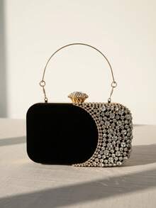 Bolso de mano para con asa de metal, bolso de noche con diamantes, bolso de mano dorado para boda, bolso de hombro con cadena, bolso pequeño - Negro - Ver 2