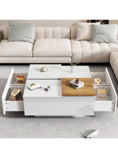 Moderne High Gloss Zwart Quadratischer Couchtisch Mit Einlegeböden 75*75*33,5cm, Small Verschiebbare Tischplatte In Contrasting White, Max. Load Capacity 30kg view 3