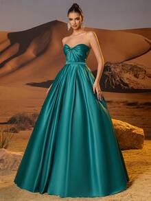 Satin Strapless Prom Dresses With Twist Corset Elegant A Line Floor Length Formal Evening Party Gown For Women Sleeveless Homecoming Dresses For Teen Lace Up Back Ball Gown - Dark Green - View 4