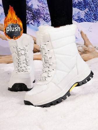 Women's Fashionable White Snow Boots, Lightweight Waterproof Warm High-Top Snow Boots, Women's Boots Resistant To Cold Below Zero Outdoor Winter Shoes, Front Lace Fur Collar High-Top Plus Size Solid Color Boots, PU Leather Plus Size Women Boots