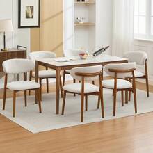 Sillas de comedor de madera Conjunto de 2, silla de comedor tapizada de tela moderna de mediados del siglo, sillas laterales de cocina de granja con patas de madera para comedor de cocina, beige - Beis - Ver 4