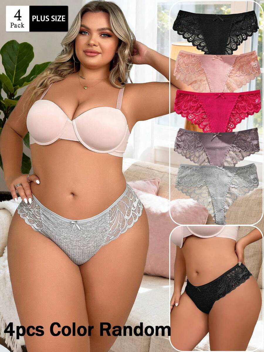 4 Pcs Random Color Women's Plus Size Feather Pattern Lace Splicing Panties Charming Sexy Women's Panties