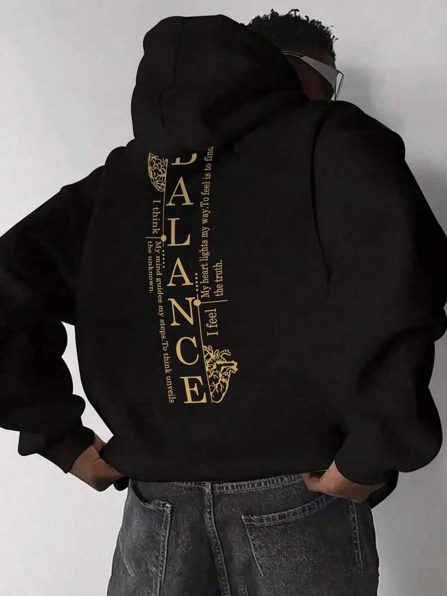 男士休闲时尚街头百搭 BALANCE 印花袋鼠口袋抽绳连帽衫，秋冬款 - 黑色 - 查看 1