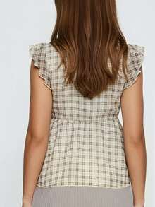 Women's Plaid Tank Tops Summer Fashionable Cute Square Neck Sleeveless Ruffle Shirt - 黃色 - 查看 7