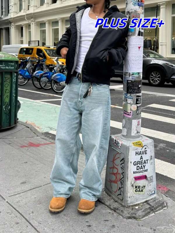 Plus Size Men's Light Blue Washed Vintage Loose Straight Leg Jeans