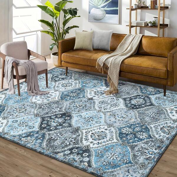 1 pieza Alfombra vintage con patrón floral y geométrico europeo, alfombra bohemia para sala de estar, alfombra decorativa suave y cómoda, alfombra hipoalergénica de color azul, gris y blanco, alfombra para sala de estar, alfombra para sofá, alfombra pequeña para área, alfombra versátil y creativa para decoración del hogar, alfombra grande para sala de estar, alfombra para dormitorio, alfombra para decoración de habitación