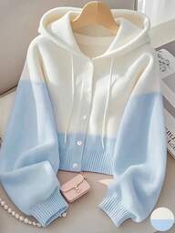Women's Casual Contrast Color Long Sleeve Hooded Knit Cardigan Sweater