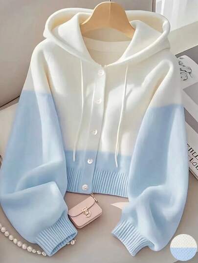 Women's Casual Contrast Color Long Sleeve Hooded Knit Cardigan Sweater