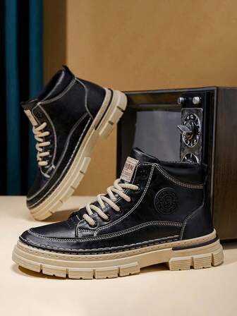 Men's British Style Mid-Top Work Boots, Casual Lace-Up Boots