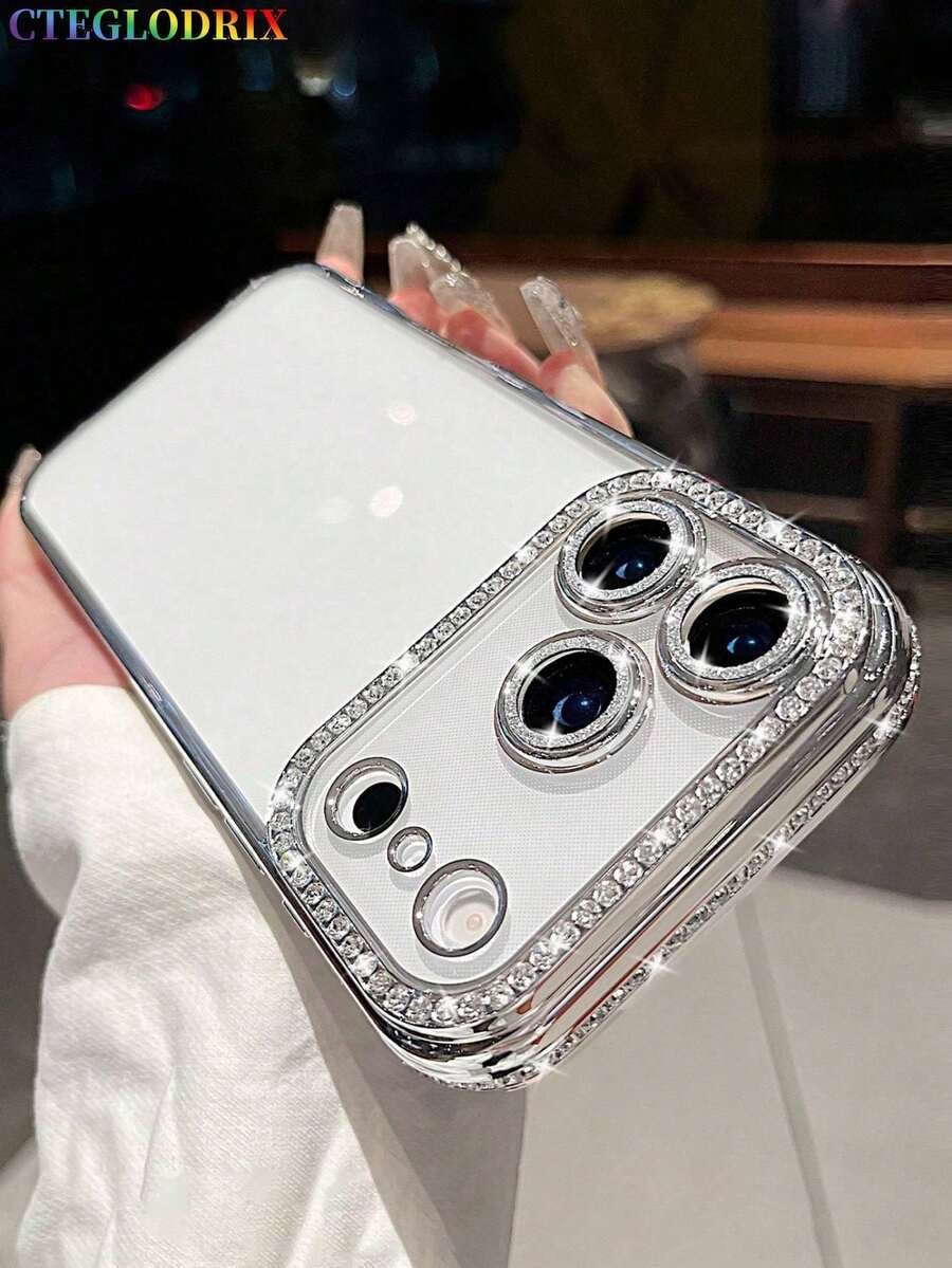 Funda de teléfono transparente con protección de lente de cámara, chapada en un proceso de enchapado lujoso que muestra un diseño exquisito y glamoroso para adaptarse a una variedad de modelos, incluido el último 17 Pro Max y otras versiones populares. Regalo de cumpleaños de primavera - Plateado - Ver 1