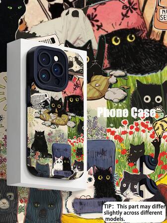 1ชิ้น เคสโทรศัพท์ลายแมวดำการ์ตูน ต่อลายแนวตั้ง แฟชั่นเรียบง่าย หนัง Faux เกรดสูง กันรอยนิ้วมือและกันกระแทก เข้ากันได้กับ Apple และรุ่นต่างๆ, ของขวัญที่ดีสำหรับเพื่อน, ครอบครัว, คู่รัก, วันเกิด, วันหยุด