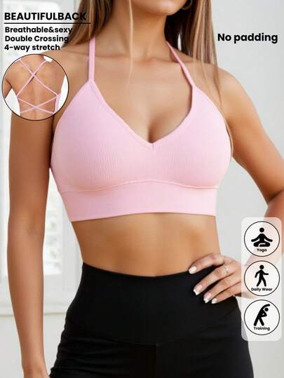 Piece Seamless Knit Ribbed Verleidelijke Bra, Wireless Cross Strap Backless Sports BH