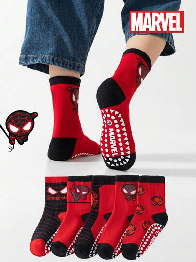  5 Pairs Marvel Venom & Spider-Man Themed Anti-Slip Gel Socks For Kids, Including Girls' Over-The-Knee Socks, Boys' Breathable Anti-Slip Cartoon Socks, And Anti-Slip Floor Socks Suitable For Active Kids And Spider-Man Movie Fans