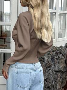 Y2K阳光女孩风格性感纯色纽扣设计长袖V领开衫毛衣，适合春季、情人节、返校季穿着。 - 咖色 - 查看 2