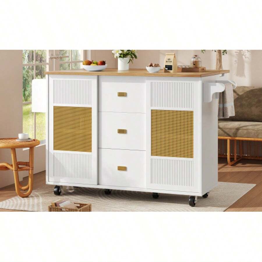 Kitchen Island, Kitchen Furniture, Freestanding Kitchen Cabinet, Buffet Cabinet, 120 X 73 (45) X 90 Cm, Extendable Kitchen Trolley With Wheels, Towel Rail, Spice Rack, Adjustable Shelves, White - White - View 1