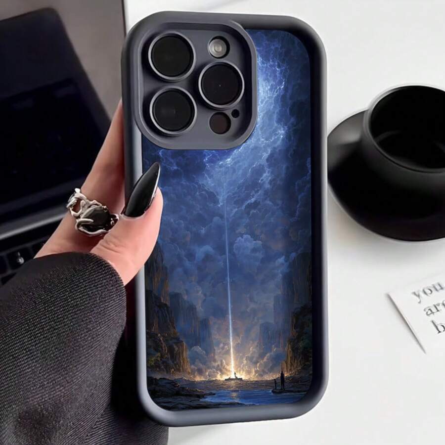 Cubierta de telefono con borde negro y diseño de paisaje mágico con cascada luminosa en tonos azules y dorados para uso diario y viajes - Burdeos - Ver 1