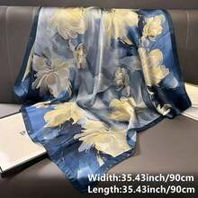 35.43inch Blue Printed Square Scarf, Fashionable Slim Satin Shawl, Summer Women's Headscarf-Halloween,Christmas,Fall,Winter, Supplies, QYVA - 藍色 - 查看 3