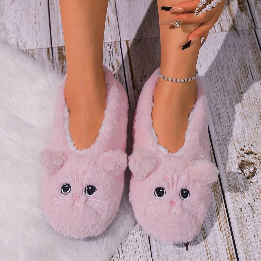 Women's Cute Cartoon Cat Pattern Slippers, Fluffy Soft Bottom, Soft Indoor Lining Comfortable Shoes, Non-Slip Floor Silent Shoes, Suitable For All Seasons, Casual Home Slippers