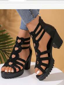 Damen Schwarze High Heel Sandalen, modische Cut Out-Strass Plateau Absatz High Heel Stiefel, neue vielseitige Sommer Plateau Wasserdicht Rund Zeh Reißverschluss High Heel Kleiderschuhe mit dickem Absatz - Schwarz - Übersicht 15