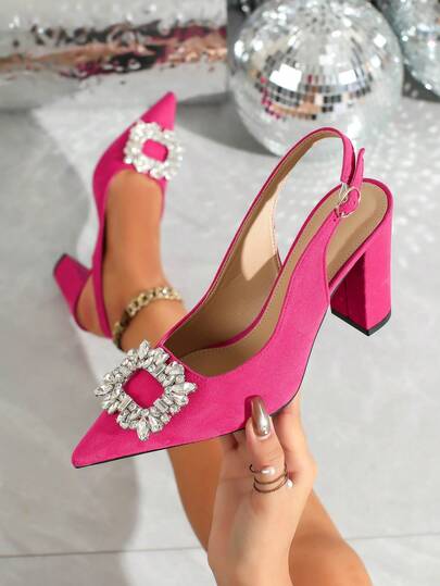 كعب عالي أنيق مدبب الأصبع، مزين بإبزيم من الراين المعدني اللامع، ألوان زاهية، أنيق وجذاب، مناسب للحفلات والسهرات والاستخدام اليومي، صنادل كعب عالي أنيق بدون ظهر، كعب أسود عالي، كعب أحمر عالي، كعب عالي للأعراس والسهرات