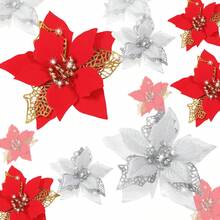 24 Pieces Christmas Artificial Glitter Poinsettia Flowers Xmas Flowers Wedding Christmas Tree New Year Ornaments(Red And Silver),26173579 - 銀色 - 查看 1