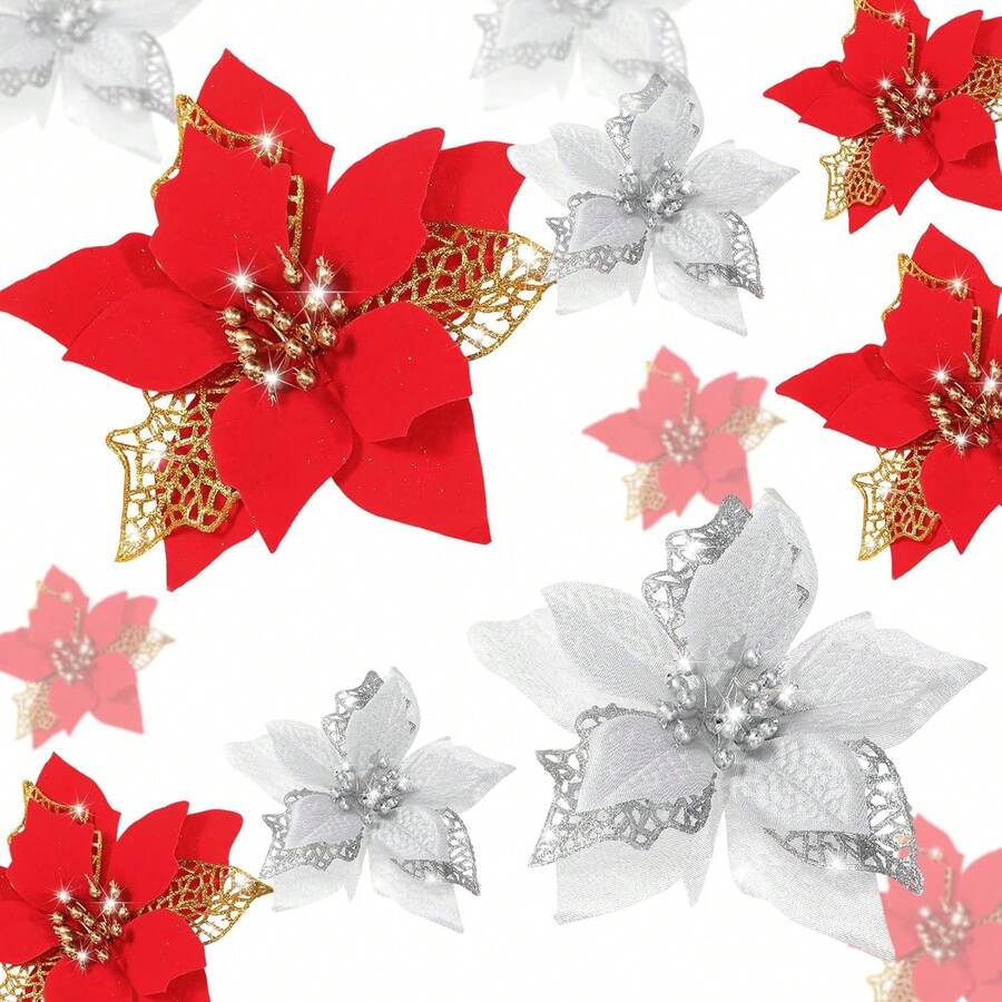 24 Pieces Christmas Artificial Glitter Poinsettia Flowers Xmas Flowers Wedding Christmas Tree New Year Ornaments(Red And Silver),26173579 - 銀色 - 查看 1