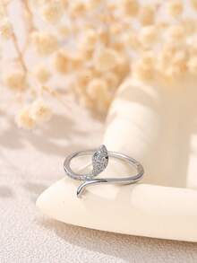 Nooxian 1件可调节开口戒指，镶嵌微镶锆石绿色蛇眼饰品，女士款 - 銀色 - 查看 7