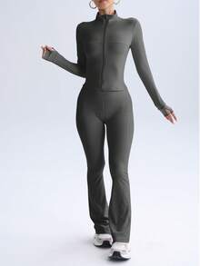 Pink Tip Women's Solid Color Seamless Elastic Jacket & Leggings Sports Set, Butt Lifting Slim-Fit Soft Pants, Casual Sportswear For Daily, Fitness, Workout, Running, Yoga, Pilates Spring - 深灰色 - 查看 3