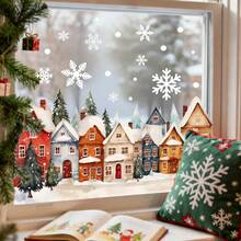 1 pieza Decoración navideña para ventana, Patrón de casa de Papá Noel y bosque, Pegatina de vinilo con adherencia estática, Calcomanía removible para vidrio, Fácil de aplicar, Decoración del hogar - Multicolor - Ver 8