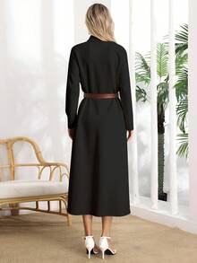 VESTIDO LARGA UNICOLOR PARA MUJER,VESTIDO CAMISERO MANGA ENROLLADA,VESTIDOS CON BOTONES DELANTEROS Y CINTURÓN - Negro - Ver 2