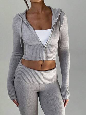 1pc Fashionable Sexy Fitted Cropped Hooded Cardigan