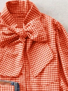 Red Plaid Picnic Style Long Sleeve Blouse For Women, Tie Cuff, Casual Everyday Wear, Suitable For Breakfast, Commute, All Seasons Spring Vacation - Orange - View 2