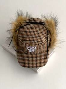 Flat Top British Retro Faux Fur Baseball Cap, Letter Embroidery, Warm Fleece Ear Protection Hat, Foldable Plaid & Leopard Print Big Letter Baseball Cap, Fashionable Street Style Ear Warmer Snapback Cap - Multicolor - View 16