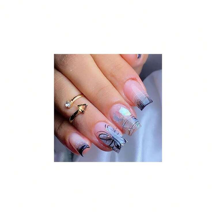 Press On Medium Nails Line False Nails Full Cover Acrylic Butterfly Fake Gradient Square Nails For Women And FFgirls 24PCS{Inchcolor_nameinch:InchColor8inch} - Color8 - View 1