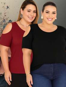 2 PIECE KIT PLUS SIZE OPEN SHOULDER BLOUSE IN VISCOLYCRA CASUAL CONTEMPORARY - PRETO/VINHO - 查看 11