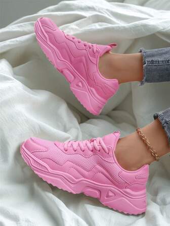 Zapatillas de running transpirables para mujer, zapatillas de viaje de suela suave y ligera, zapatillas casuales de puntera redonda rosa con cordones de baja altura