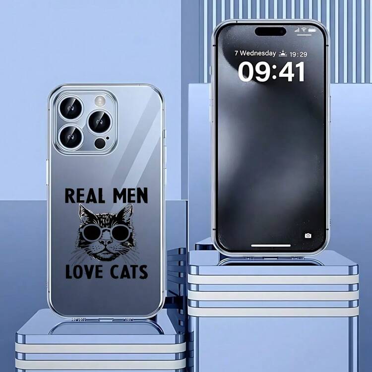 Carcasa transparente de teléfono móvil de moda Funda transparente para iPhone color azul claro con estampado de gato con gafas y texto REAL MEN LOVE CATS ideal para amantes de los gatos y estilo urbano Para teléfonos Galaxy de Apple - transparente - Añade 2
