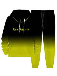 男士休闲连帽衫和运动裤套装，时尚秋冬款，舒适两件套 - 黃色 - 查看 3