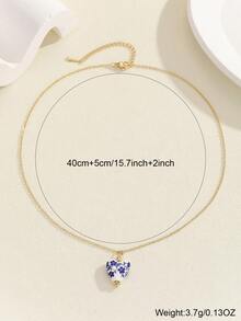 MESTILO 1 件新款中国风心形青花瓷不锈钢吊坠项链，适合女性日常和节日佩戴。情人节、妈妈、母亲、母亲节、礼物