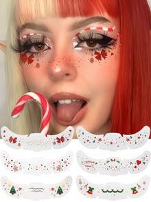 6 Sheets Christmas Freckles Face Tattoo With Hot Stamping Trees Gingerbread Man Bell Temporary Tattoos Stickers For Christmas Festival Cosplay Party Music Prom Accessories - Multicolor - View 10