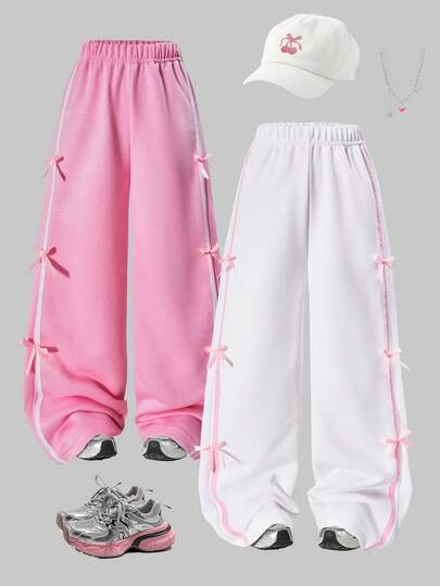 2pcs Girls Bow Side Stripe Wide Leg Pants Sweet Casual Trousers Cute Comfy Versatile For Spring Fall Winter Daily School Party Walk