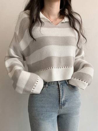 Casual Colorblock Striped Loose Cropped Knit Sweater, Autumn/Winter