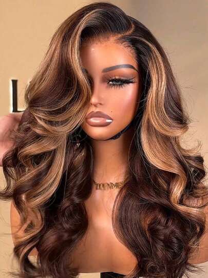 KGIFH 34 Inch 250 Density Highlight Ombre 13x6 Lace Front Wigs Human Hair Pre Plucked 13x6 Body Wave Lace Frontal Wigs Human Hair 250% Density Glueless Human Hair Wig 4/27 Colored Honey Blonde Lace Front Wig Human Hair For Women With Baby Hair