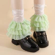 Japanese Style Cute Lolita Lace Trim Leg Warmers Women's Mid-Calf Socks JK Academy Style Bowknot Dress Up Calf Pile Socks - 粉紅色 - 查看 9