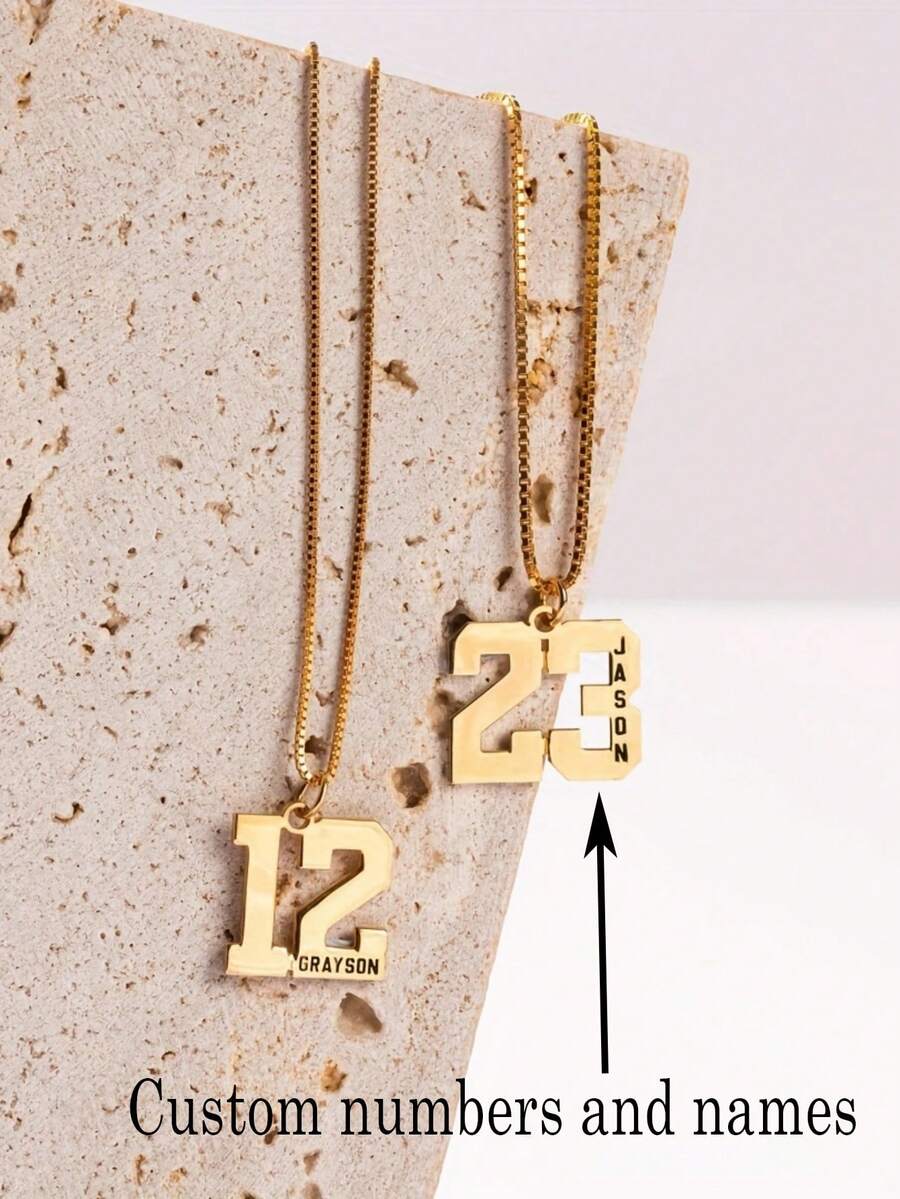 1PC Customized Personalized Number + Name Necklace (The Name Will Be Engraved In The Appropriate Position Of The Number), Simple And Fashionable Street Style, Stainless Steel Jewelry, High-Quality Box Chain, Customized Necklace, Name Necklace, Customizable Things, Number Necklace, Suitable For Daily And Event Matching, Christmas, Halloween And Other Holiday Gifts - Multicolor - View 1