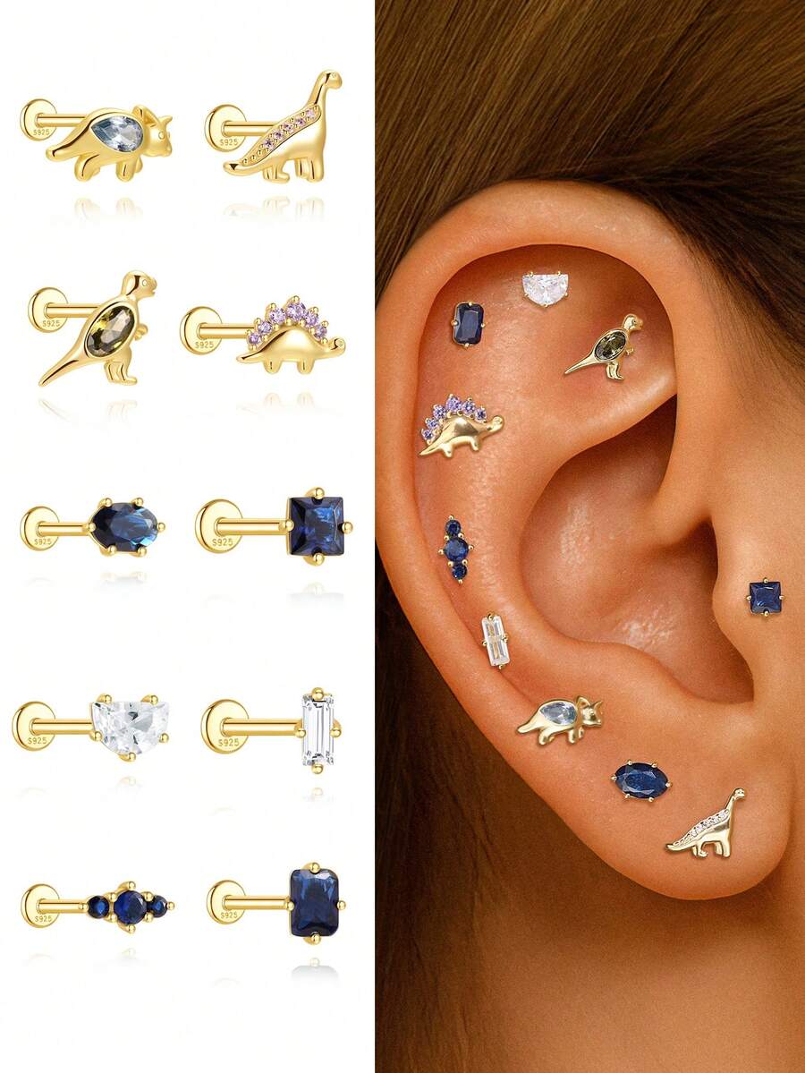 1 chiếc khuyên tai bạc 925 hình lưỡi liềm hình khủng long, đính đá Zirconia, thích hợp cho nữ giới đeo hàng ngày, dự tiệc và các dịp lễ hội. - Vàng - Xem 1