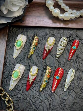 10pcs/Set Handmade High-Heeled Style Y2K Baddie Style Press-On Nails, Beige, Gold, White Nail Tips With French Edge, Asymmetrical Liquid Metal Pattern, Cross, Gems, Lace,Beads, Iridescent Bubbles, Star Design, Suitable For Party, Wedding, Daily Wear, Includes Tool Kit, Great Gift For Women And Girls