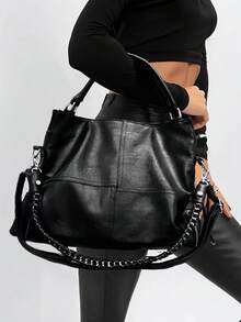 Ladies' Fashionable Vegan Leather Tote Bag, Large Capacity Retro Handbag, Silver Hardware Decoration Letter Commuting Ladies' Wallet, Suitable For Daily Use And Work, Is An Ideal Holiday Gift. - màu đen - Xem 1