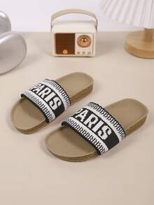 1双儿童时尚休闲户外风格系带平底凉鞋，带字母刺绣，适合春夏穿着 - 黑色 - 查看 2