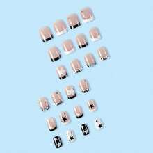 French Tip Press On Nails Short Square Fake Nails Black White Star Rhinestones False Nail Design Glossy Full Cover Artificial For Women Charm Manicure Reusable Stick On Nail{Inchcolorinch:Inchblackinch} - 黑色 - 查看 5